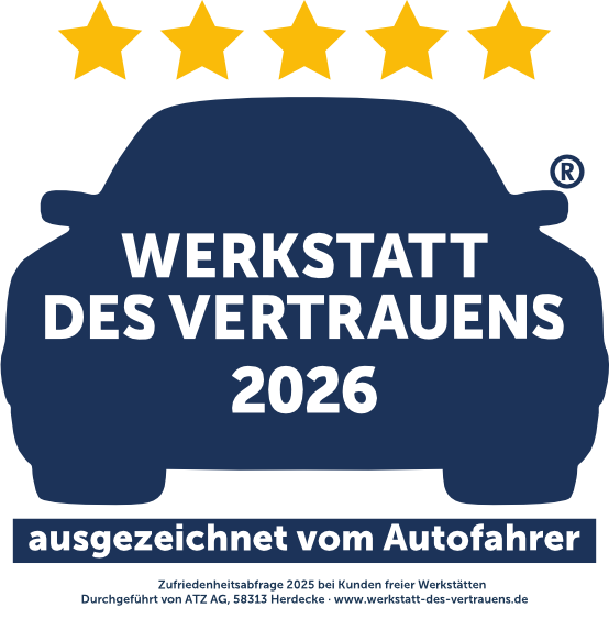 Siegel der Auszeichnung Werkstatt des Vertrauens 2026 - Zufriedenheitsabfrage 2024 bei Kunden Freier Werkstätten, durchgeführt von Mister A.T.Z.-Marketing, www.werkstatt-des-vertrauens.de